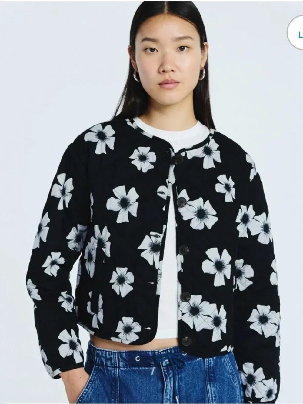 SCOOP Women’s XL Cotton Floral Print Quilted Jacket Black/White Floral NWT